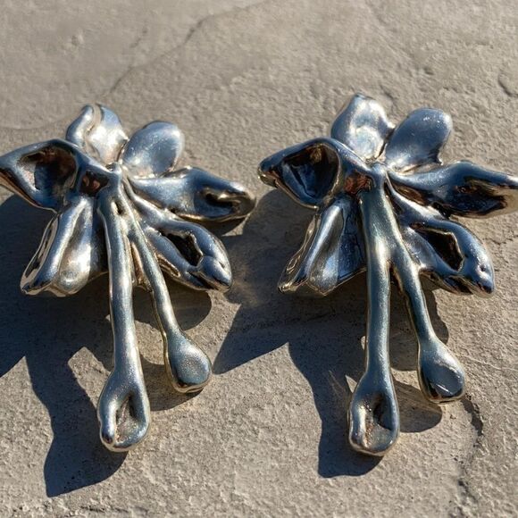 925 Vintage 925 Sterling Large statement clip abstract floral Chunky Earrings 3" - Picture 6 of 15